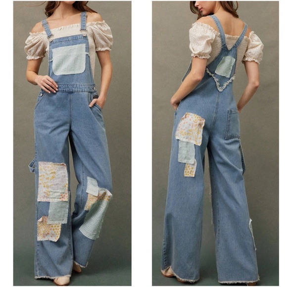 Boho Medium Wash Floral Plaid Straight Leg Overalls - Picture 1 of 5